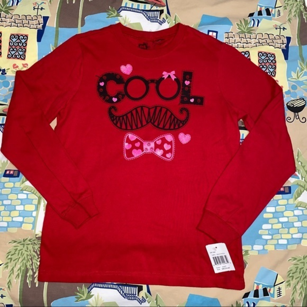 Girls red long sleeve t-shirt cool with mustache & glasses‎